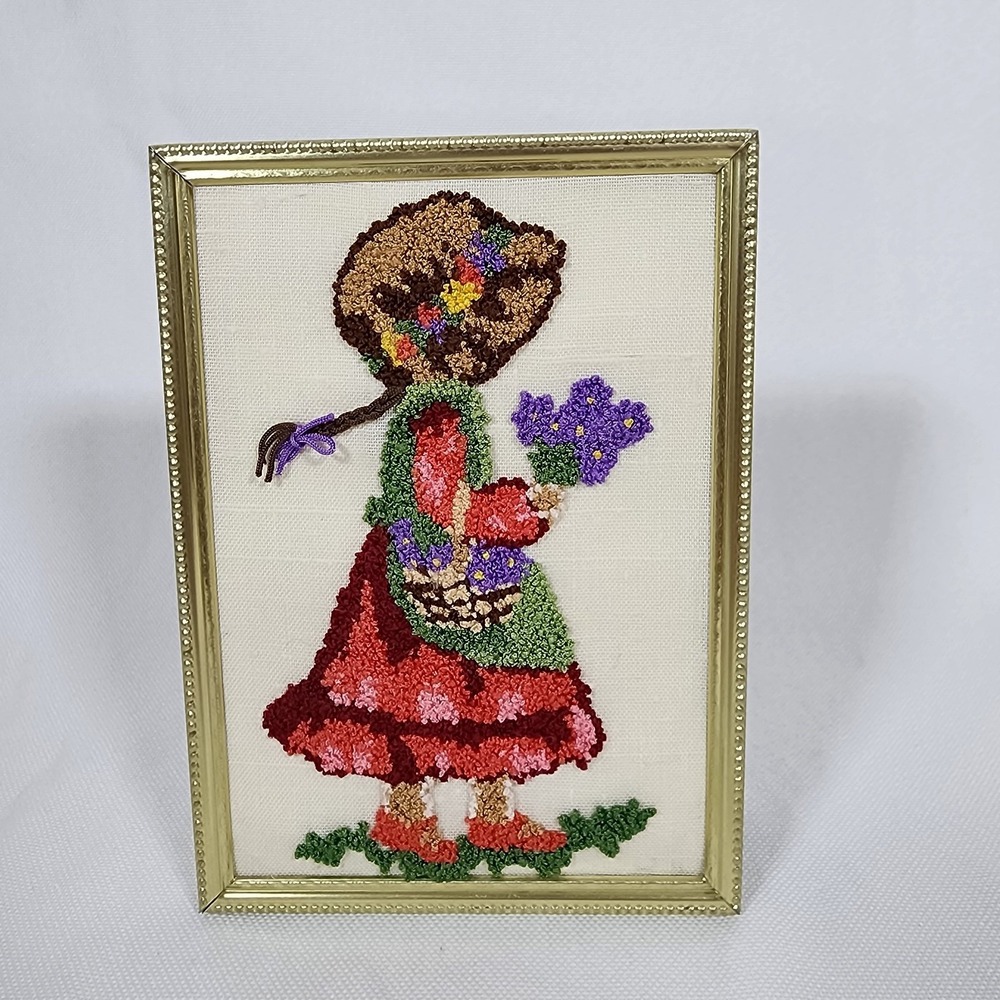 Vintage Hand Made Punch Needle Prairie Girl Cottagecore Decor Framed 5X7